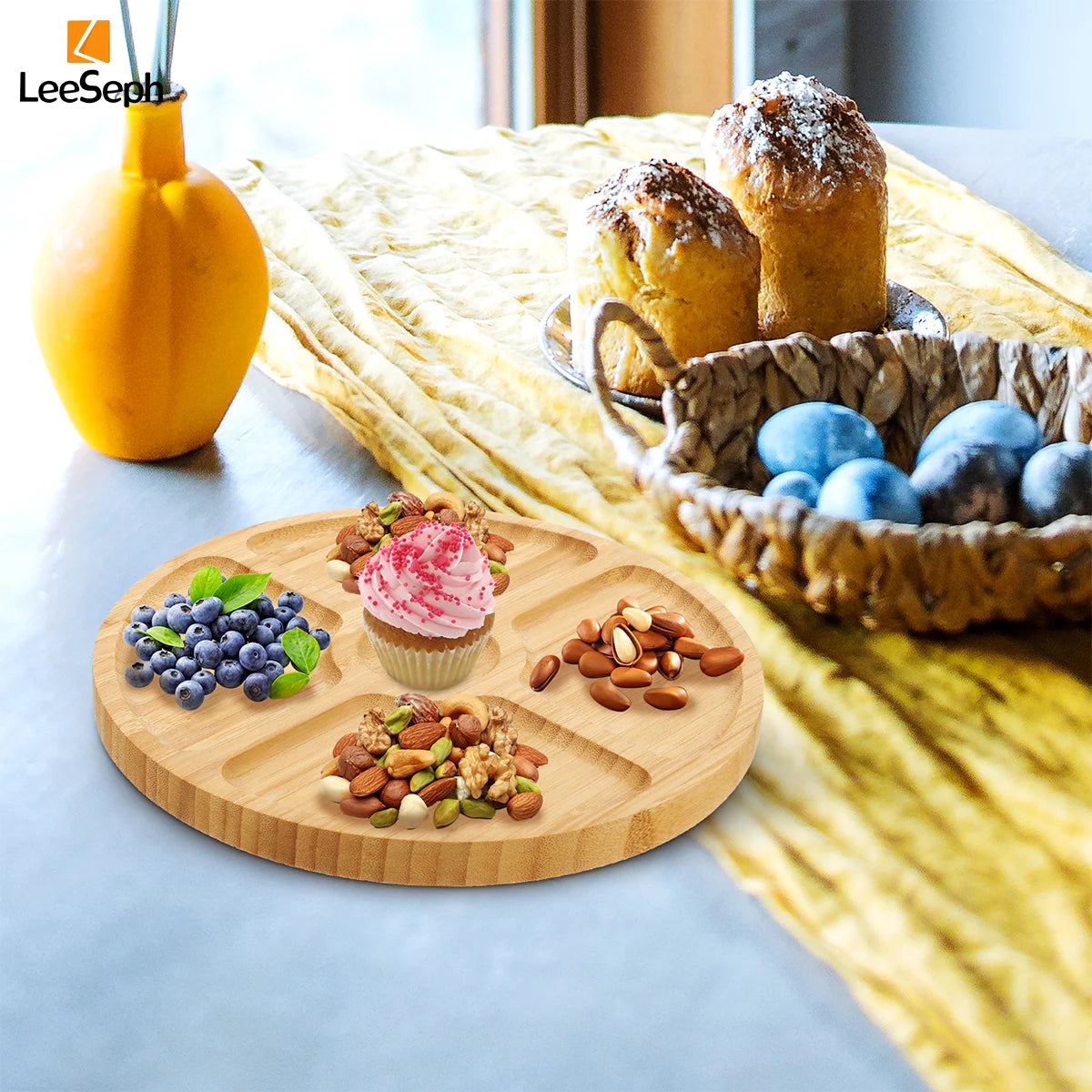 Leeseph Bamboo Round 5 Compartment Serving Tray, Ideal for Snacks, Fruits, Nuts, Wooden Plate with Dividers for Party Platters