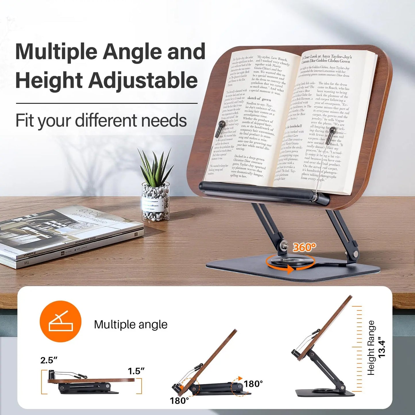 Reading Books Holder Desktop Book Laptop Stand with 360° Rotating Base Wooden Panel & Page Clips Foldable and Angle for Textbook