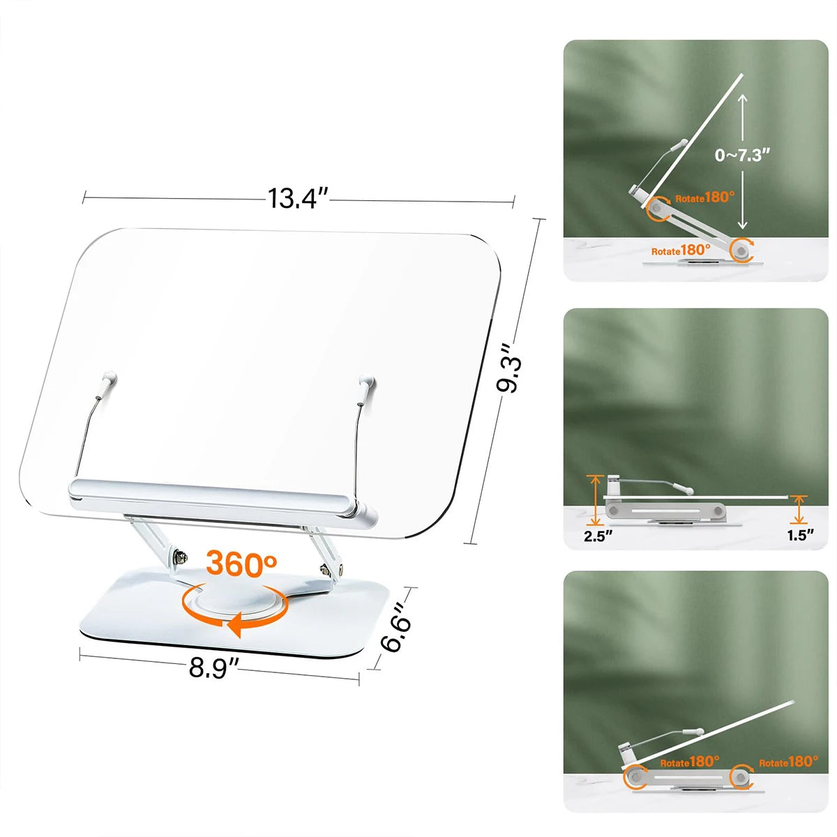NEW Book Stand for Reading Adjustable Book Holder with 360° Rotating Base Elastic Page Clips Foldable Desktop Riser Stand