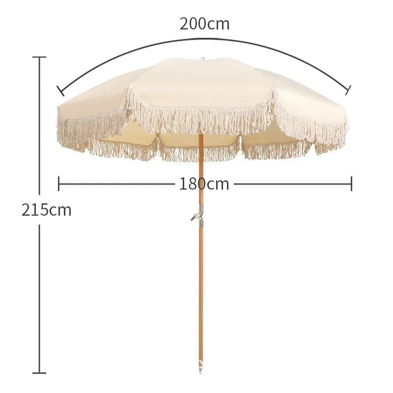 Beach Umbrella with Fringe UPF 50+ Wood Pole Foldable Umbrella for Holiday Garden Lawn Pool Yard Table