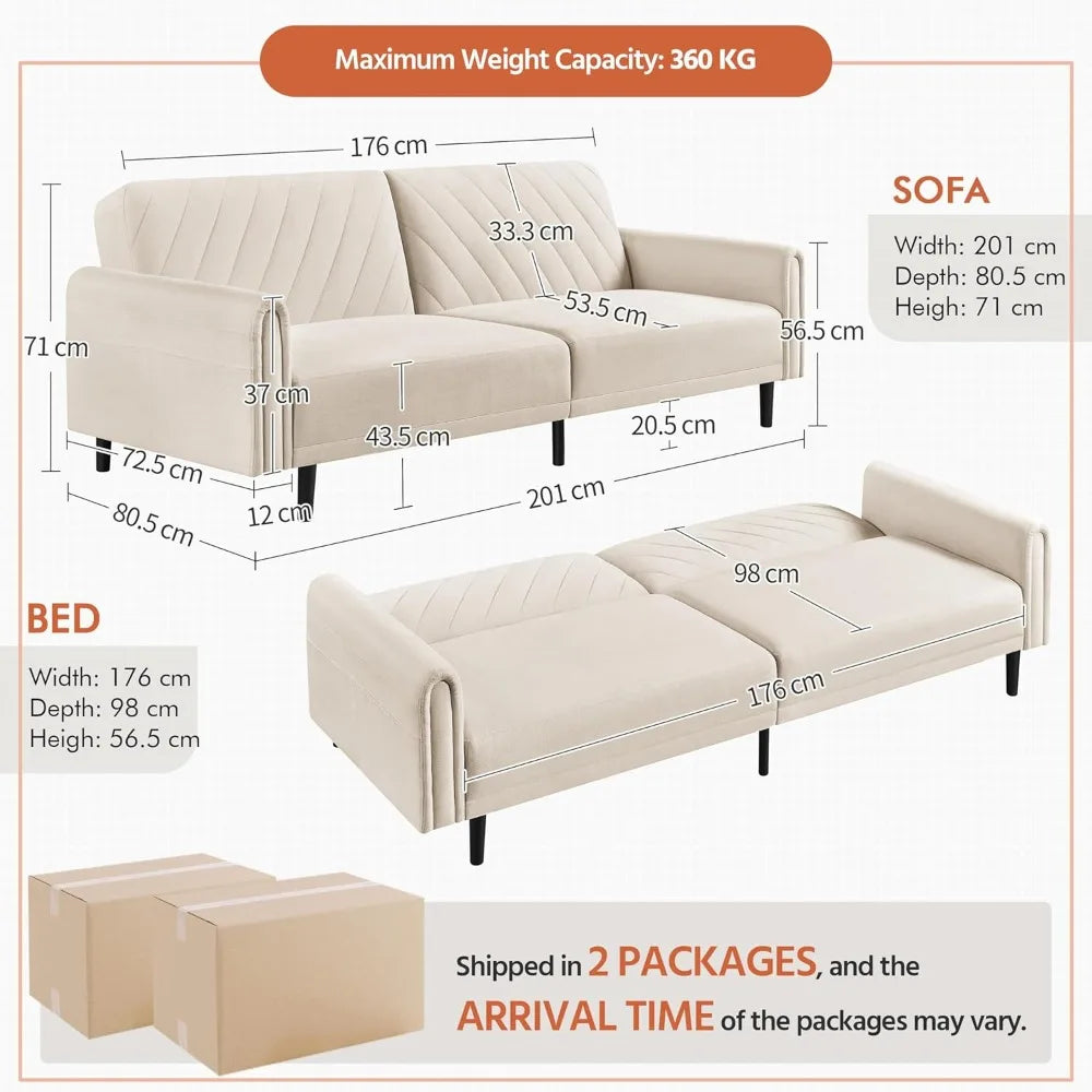 201 Cm Convertible Sofa Bed, Click-and-click Futon Sofa, Stylish Multi-functional Sofa Bed with Large Side Pockets