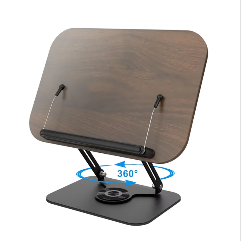 Reading Books Holder Desktop Book Laptop Stand with 360° Rotating Base Wooden Panel & Page Clips Foldable and Angle for Textbook