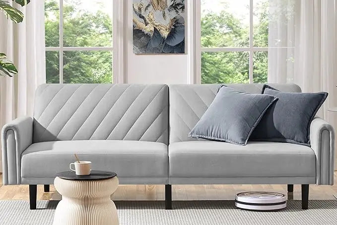 201 Cm Convertible Sofa Bed, Click-and-click Futon Sofa, Stylish Multi-functional Sofa Bed with Large Side Pockets