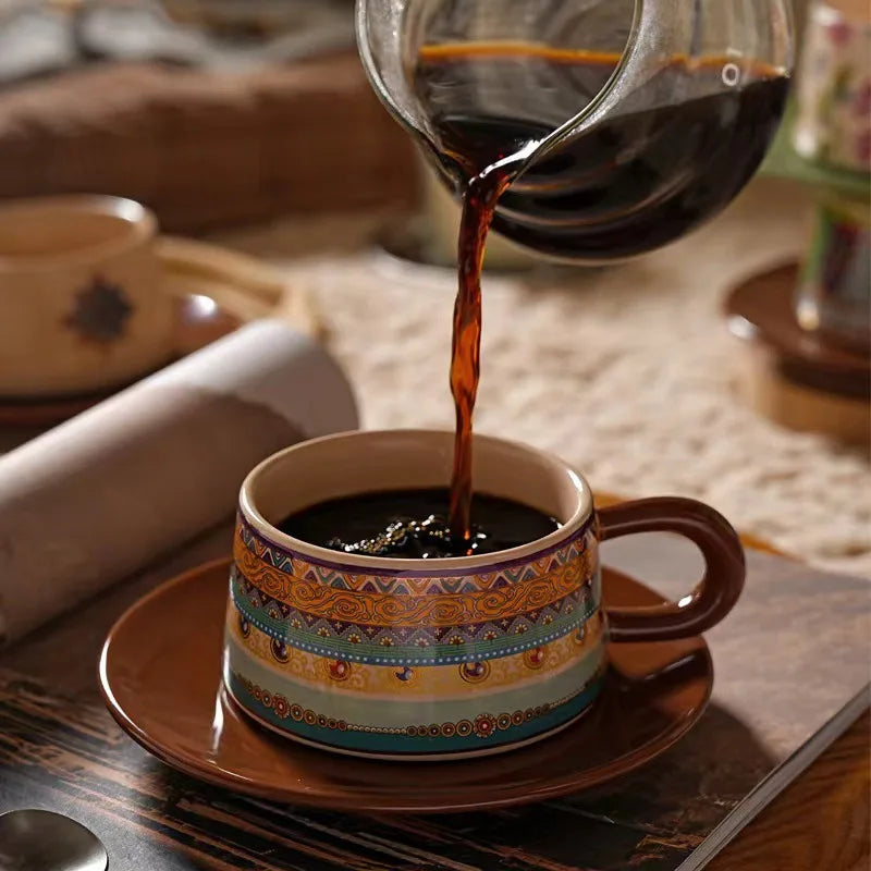 Coffee Cup Bohemian Style Coffee Cup Saucer Set Flowers and Plants Afternoon Tea Cup and Dish Set