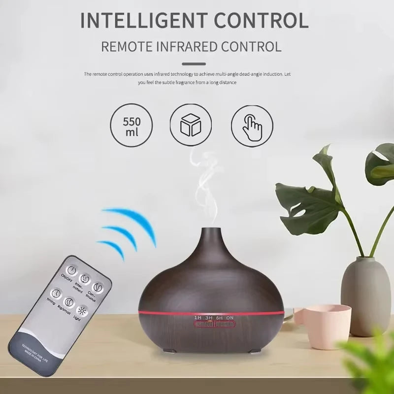 Air Humidifier Aromatherapy Essential Oil Diffuser Wood Grain 500ml Ultrasonic Remote Control 7 Color Lights For Home Bedroom 