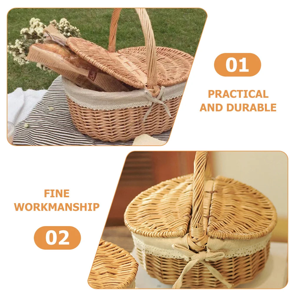 Picnic Fruit Storage Basket Easter Household Snack Container Wicker Basket with Lid Multi-function Wicker Basket Home Supply