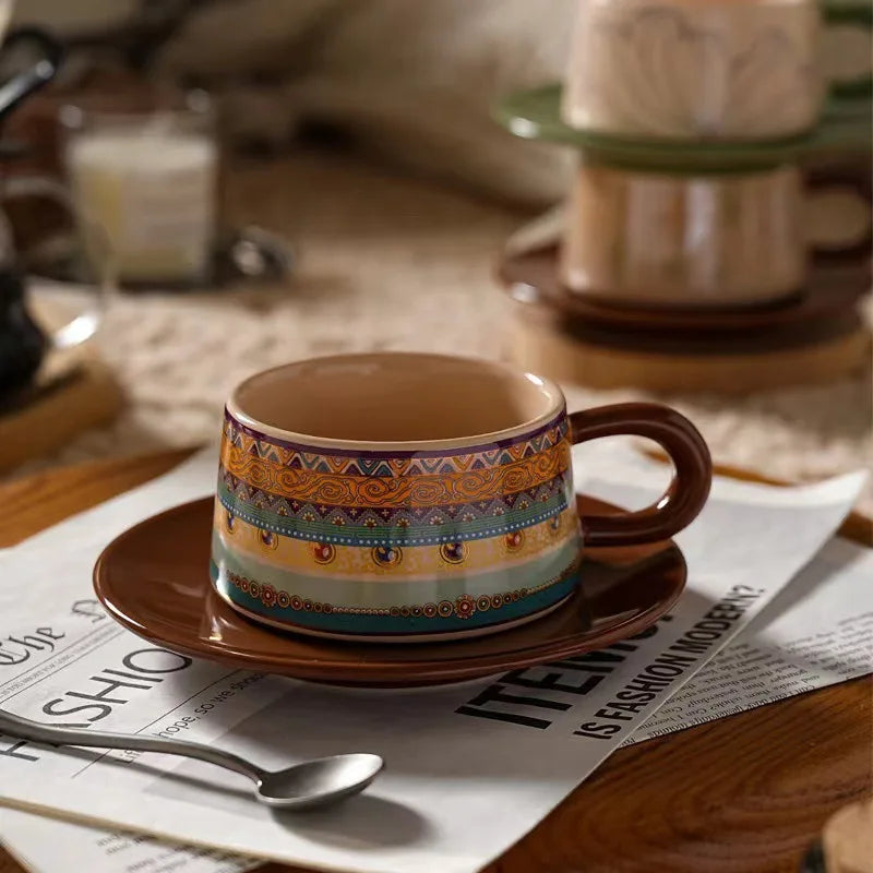 Coffee Cup Bohemian Style Coffee Cup Saucer Set Flowers and Plants Afternoon Tea Cup and Dish Set