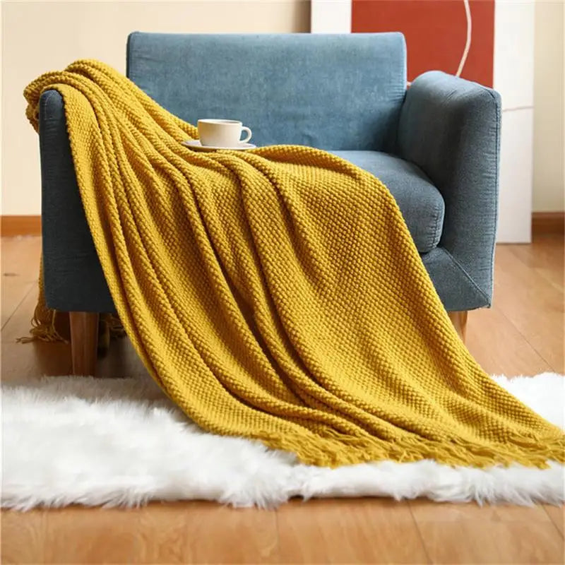 Nordic Knitted Blanket on the Bed Sofa Plaid Travel Nap Blankets Solid Color Soft Winter Air Conditioning Blanket with Tassels