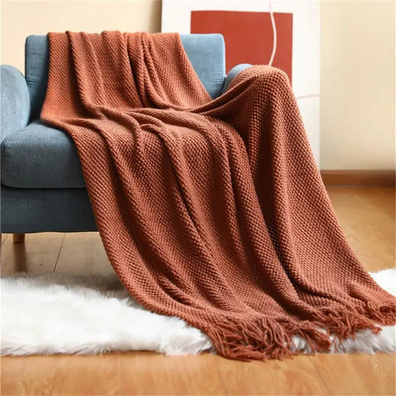 Nordic Knitted Blanket on the Bed Sofa Plaid Travel Nap Blankets Solid Color Soft Winter Air Conditioning Blanket with Tassels