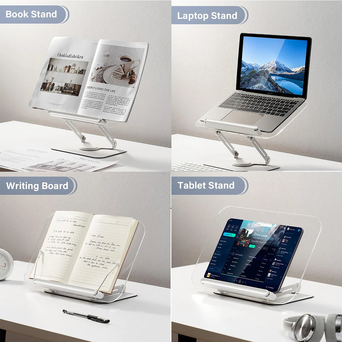NEW Book Stand for Reading Adjustable Book Holder with 360° Rotating Base Elastic Page Clips Foldable Desktop Riser Stand