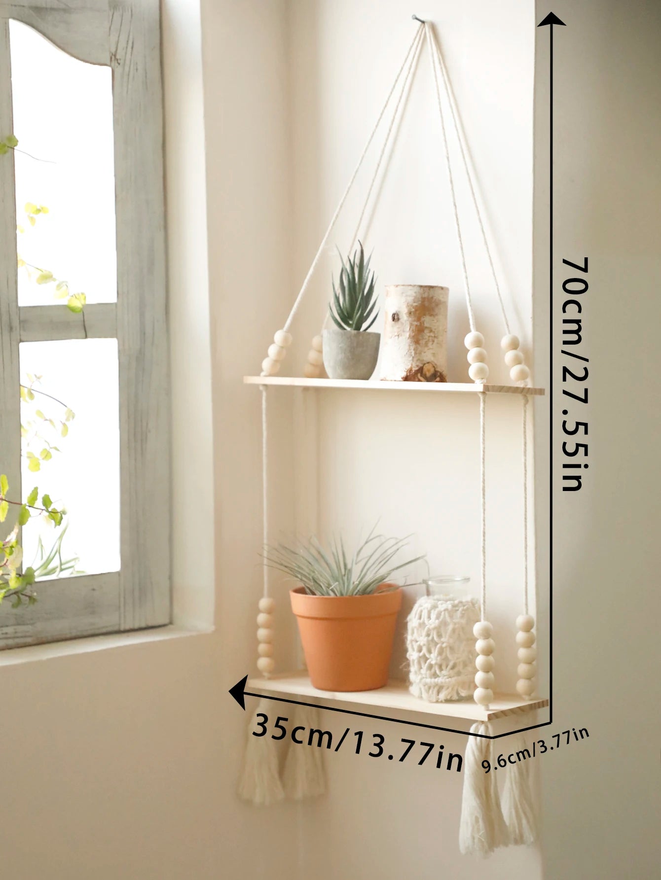 Macrame Hanging Shelf Wall Decor Handmade Rope Rustic Wood Floating Wall Shelf Display Stand Corner Wall Shelf For Photos Plant
