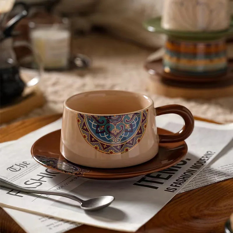Coffee Cup Bohemian Style Coffee Cup Saucer Set Flowers and Plants Afternoon Tea Cup and Dish Set