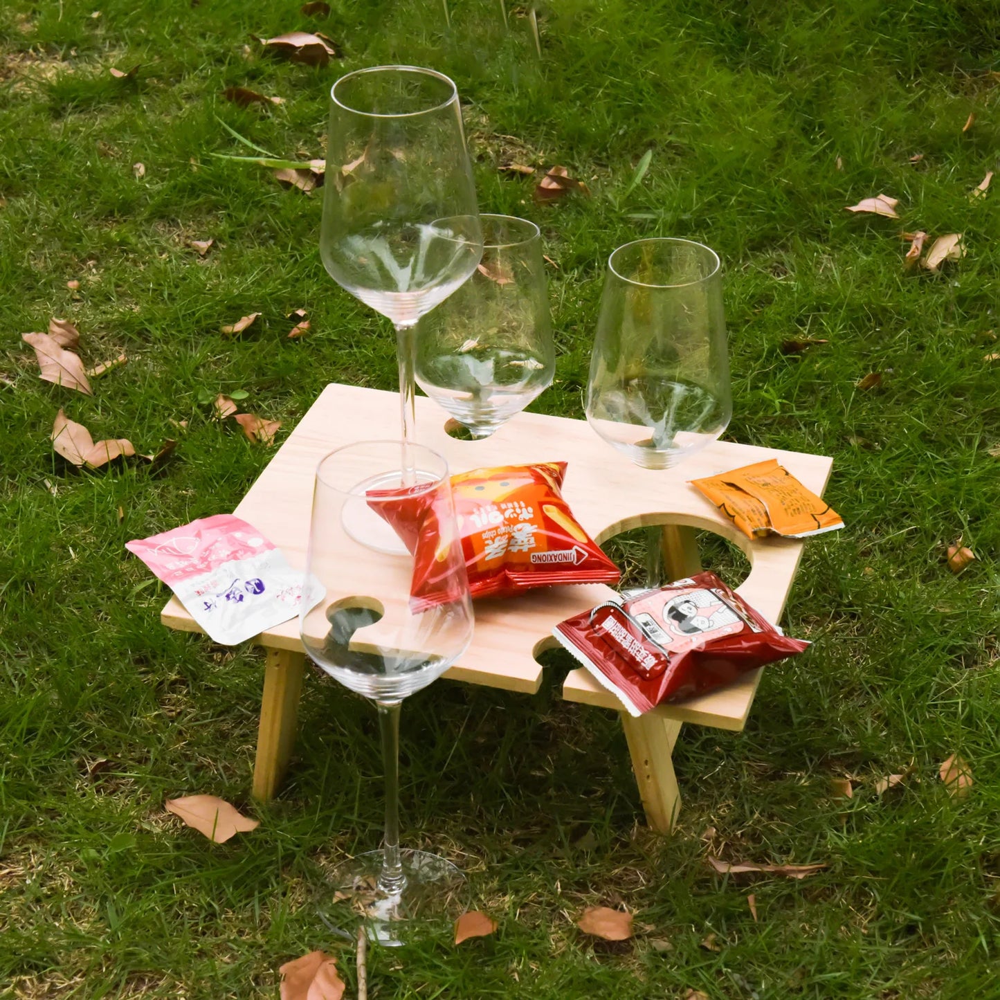 Portable Folding Picnic Table Family Lovers Outdoor Party Goblet Holder Wine Rack 2in1 Fruit Snacks Wooden Travel Dining Table