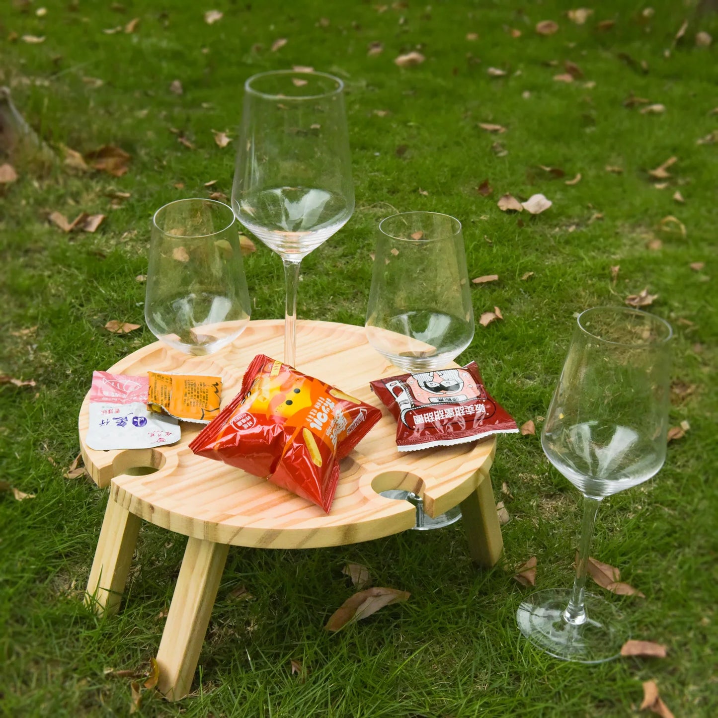 Portable Folding Picnic Table Family Lovers Outdoor Party Goblet Holder Wine Rack 2in1 Fruit Snacks Wooden Travel Dining Table