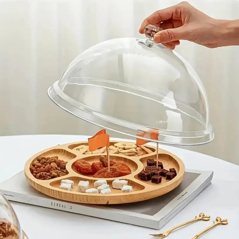 Leeseph Bamboo Round 5 Compartment Serving Tray, Ideal for Snacks, Fruits, Nuts, Wooden Plate with Dividers for Party Platters