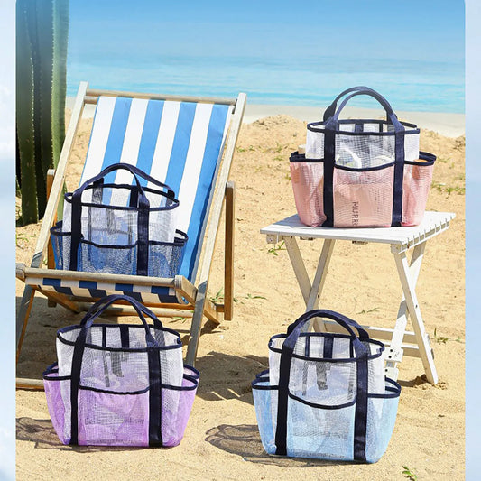 Beach Bag for Women Mesh Travel Tote Family with Multiple Pockets Lightweight Beach Buckle Closure Organizer Bag for Sunscreen