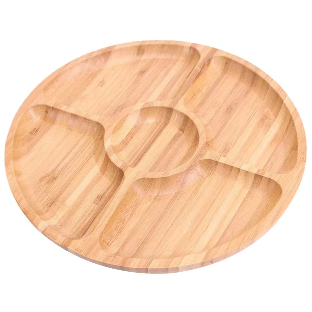 Leeseph Bamboo Round 5 Compartment Serving Tray, Ideal for Snacks, Fruits, Nuts, Wooden Plate with Dividers for Party Platters