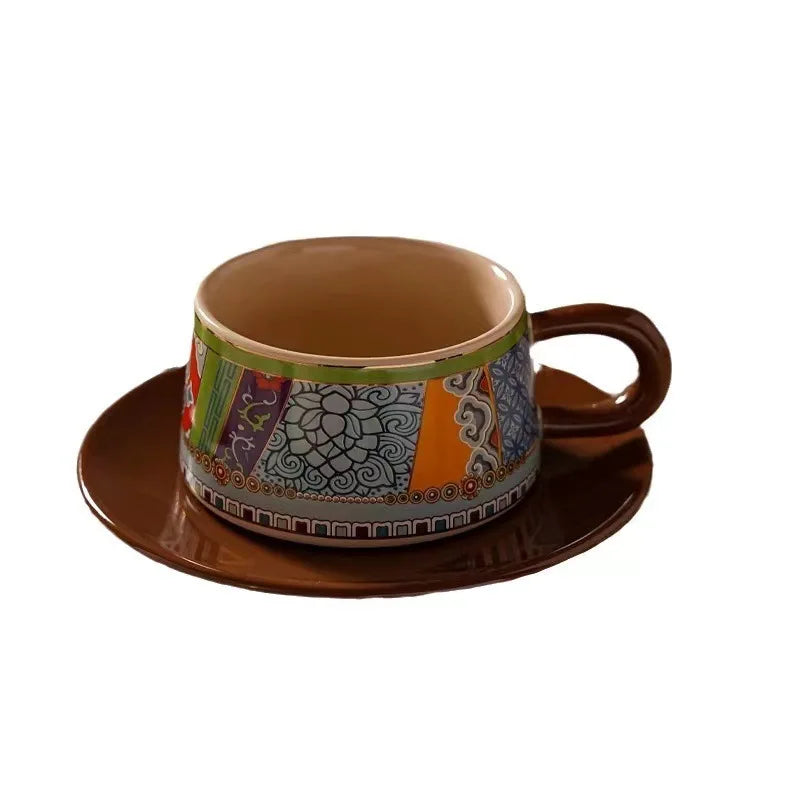 Coffee Cup Bohemian Style Coffee Cup  Saucer Set Flowers and Plants Afternoon Tea Cup and Dish Set