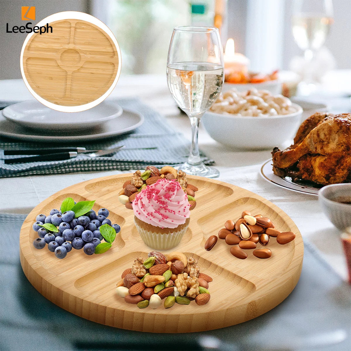 Leeseph Bamboo Round 5 Compartment Serving Tray, Ideal for Snacks, Fruits, Nuts, Wooden Plate with Dividers for Party Platters