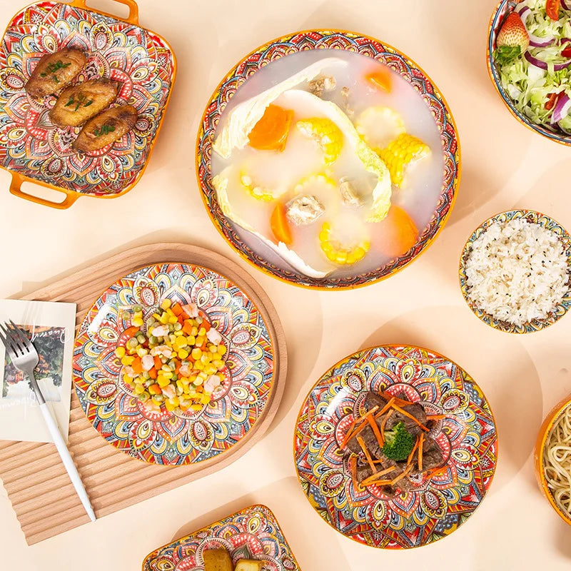 Vintage Ceramic Tableware Bohemia Style Dinner Plates Sets Kitchen Supplies Full Tableware of Plates Porcelain Dinnerware Set