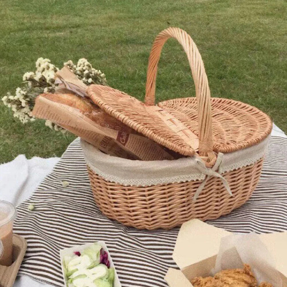 Picnic Fruit Storage Basket Easter Household Snack Container Wicker Basket with Lid Multi-function Wicker Basket Home Supply