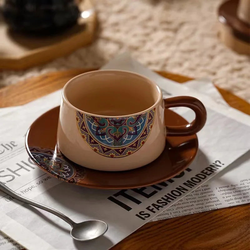 Coffee Cup Bohemian Style Coffee Cup  Saucer Set Flowers and Plants Afternoon Tea Cup and Dish Set