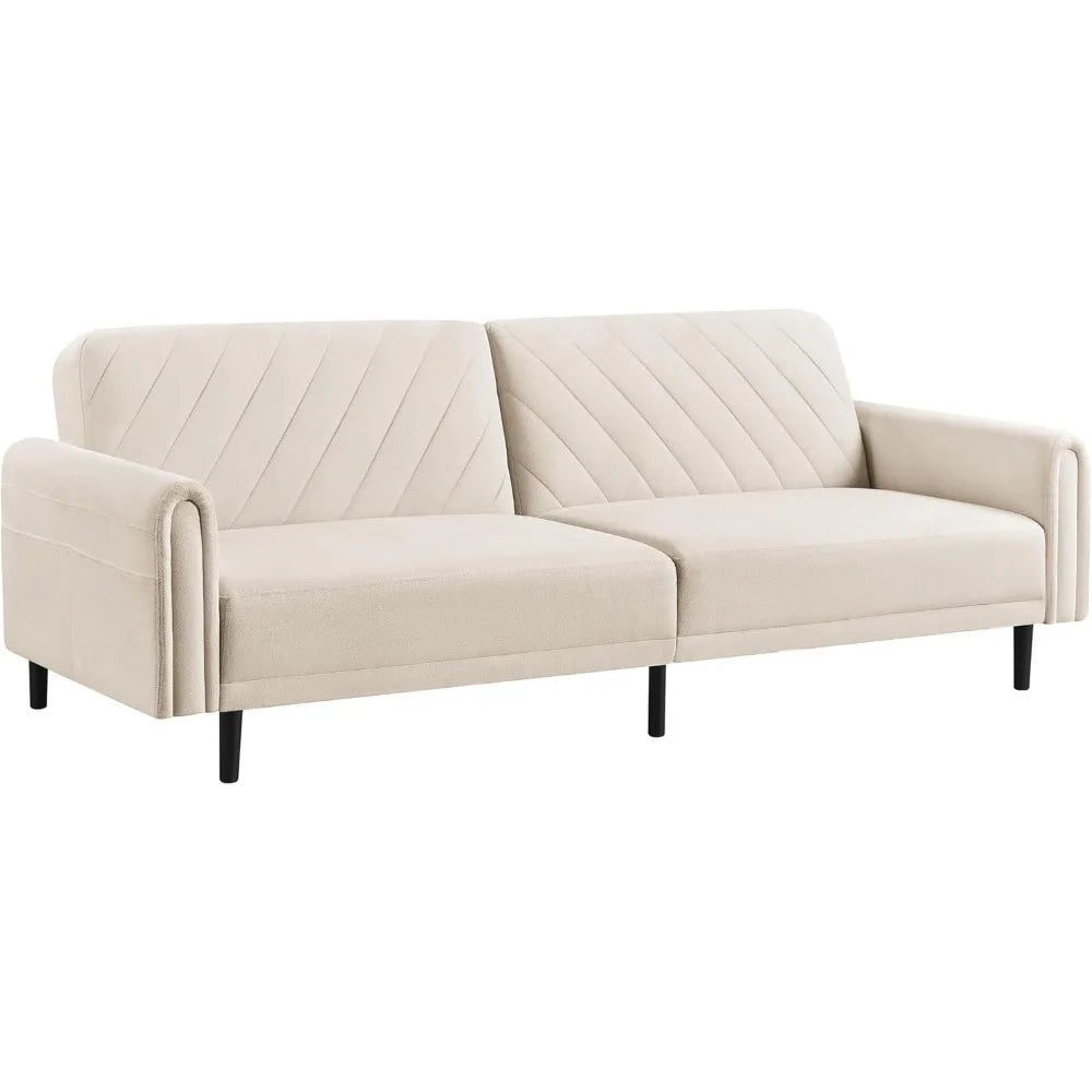 201 Cm Convertible Sofa Bed, Click-and-click Futon Sofa, Stylish Multi-functional Sofa Bed with Large Side Pockets