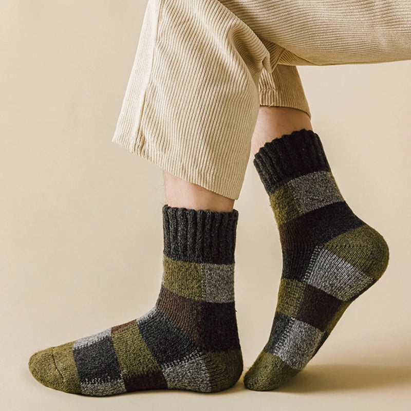5pairs Winter Men's Warm Thermal Colorblock Thick Wool Socks Warm Colorblock Soft Comfortable Plush Snow Floor Sock High Quality