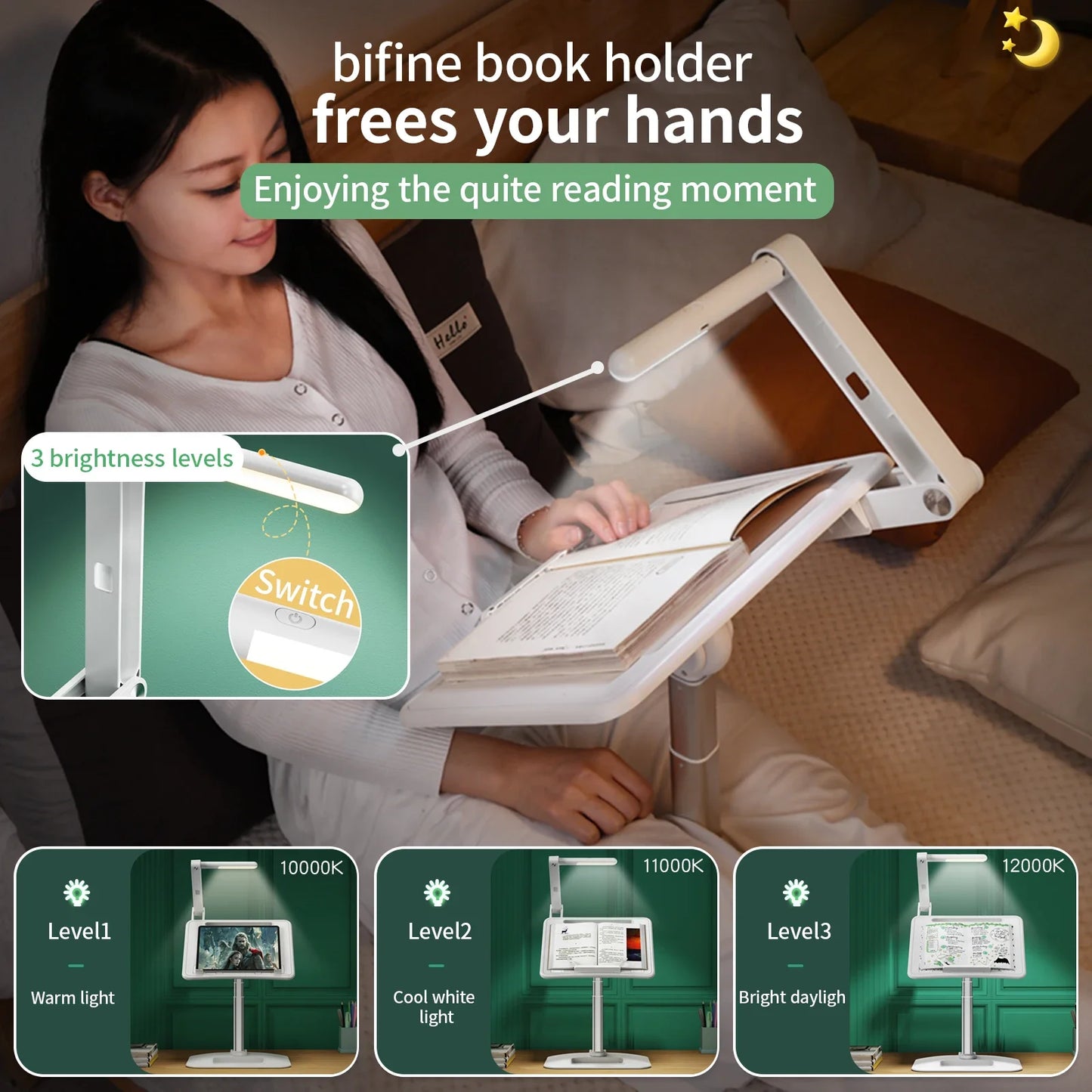 Oatsbasf Book Reading Desk with LED Night Light Angle Adjustable Laptop Stand with Lamp Notebook Holder Computer Accessories