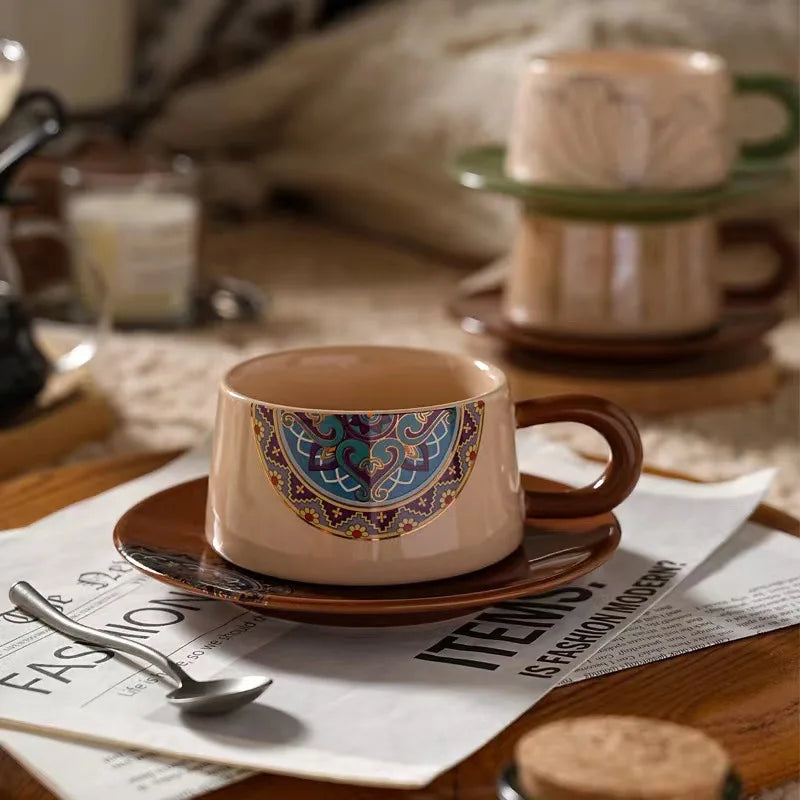 Coffee Cup Bohemian Style Coffee Cup  Saucer Set Flowers and Plants Afternoon Tea Cup and Dish Set