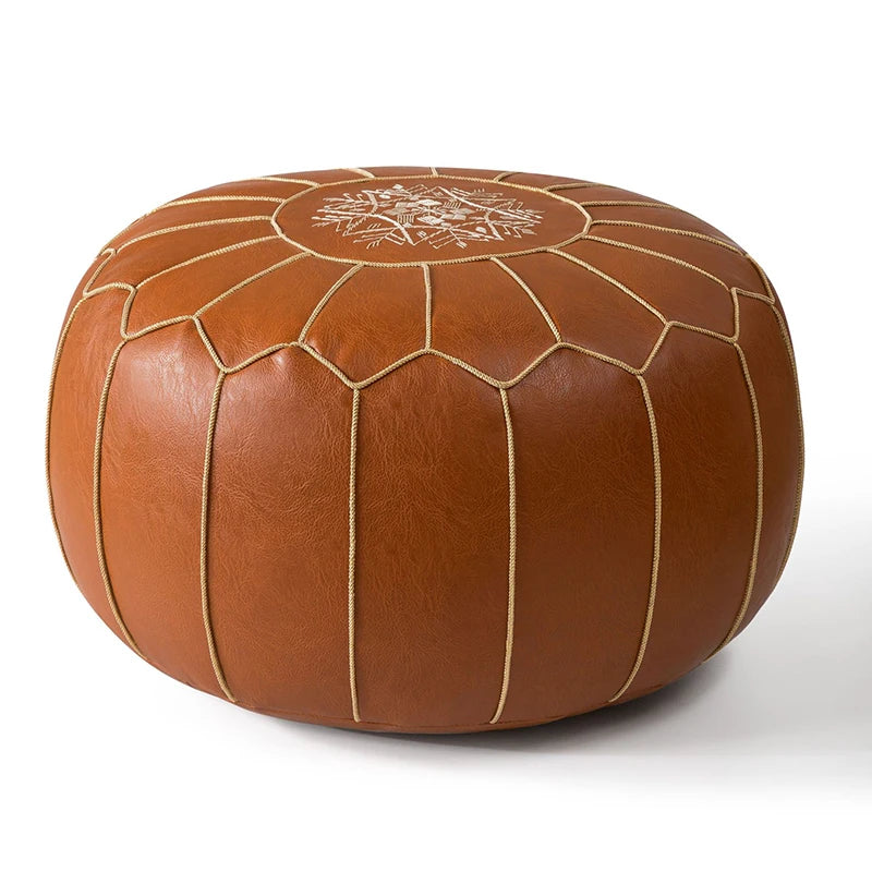 Moroccan PU Leather Pouf Embroider Craft Hassock Ottoman Footstool Cover Round Artificial Leather Pouffe Cushion Unstuffed