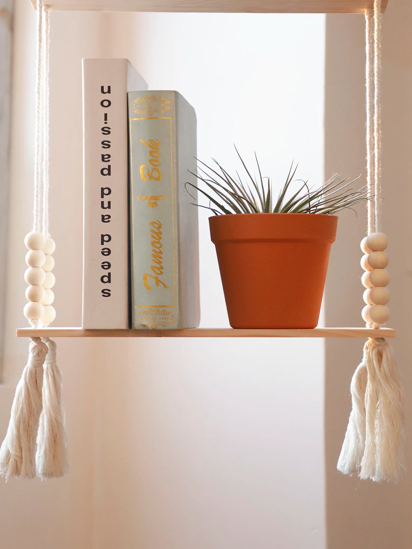 Macrame Hanging Shelf Wall Decor Handmade Rope Rustic Wood Floating Wall Shelf Display Stand Corner Wall Shelf For Photos Plant