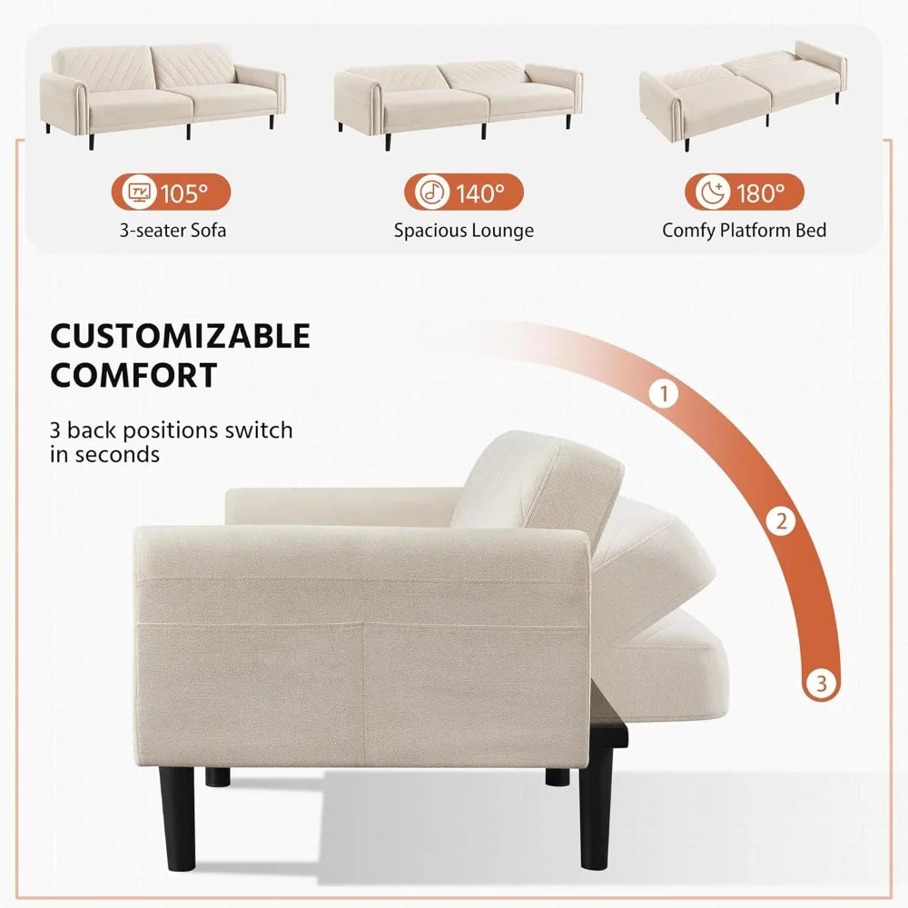 201 Cm Convertible Sofa Bed, Click-and-click Futon Sofa, Stylish Multi-functional Sofa Bed with Large Side Pockets