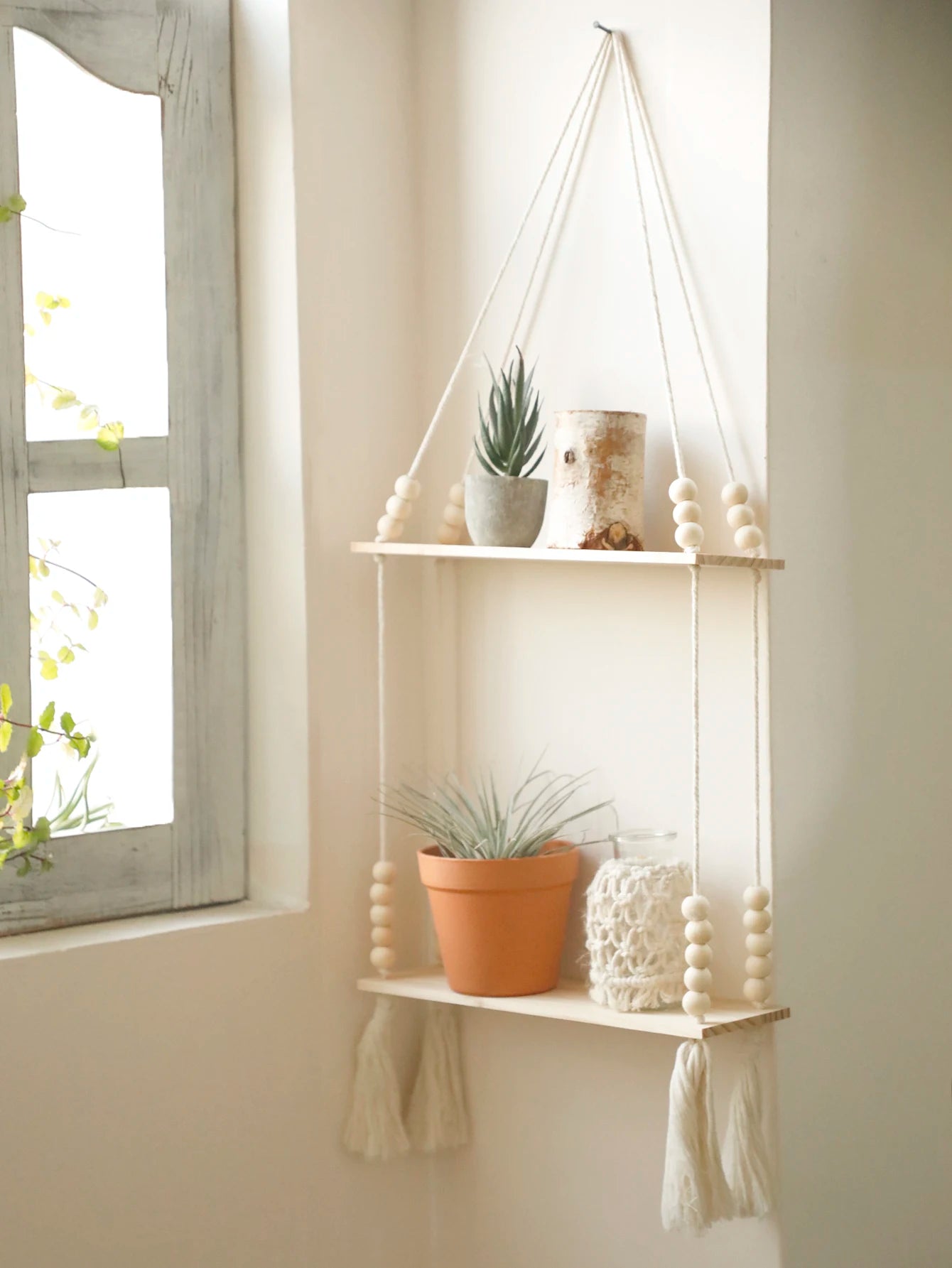 Macrame Hanging Shelf Wall Decor Handmade Rope Rustic Wood Floating Wall Shelf Display Stand Corner Wall Shelf For Photos Plant