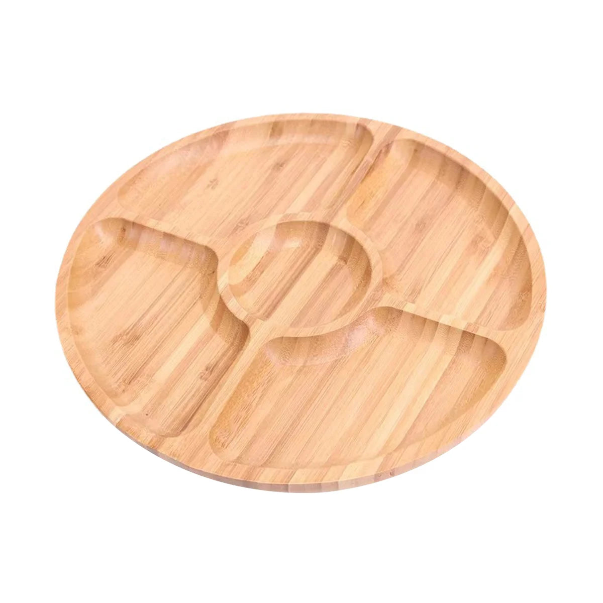 Leeseph Bamboo Round 5 Compartment Serving Tray, Ideal for Snacks, Fruits, Nuts, Wooden Plate with Dividers for Party Platters