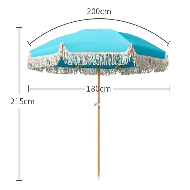 Beach Umbrella with Fringe UPF 50+ Wood Pole Foldable Umbrella for Holiday Garden Lawn Pool Yard Table