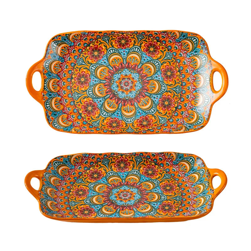 Bohemian Binaural Dinner Plates Ceramic Plate Large Rectangular Fish Plate Ceramic Sushi Dish for Home Kitchen Restaurant Gift