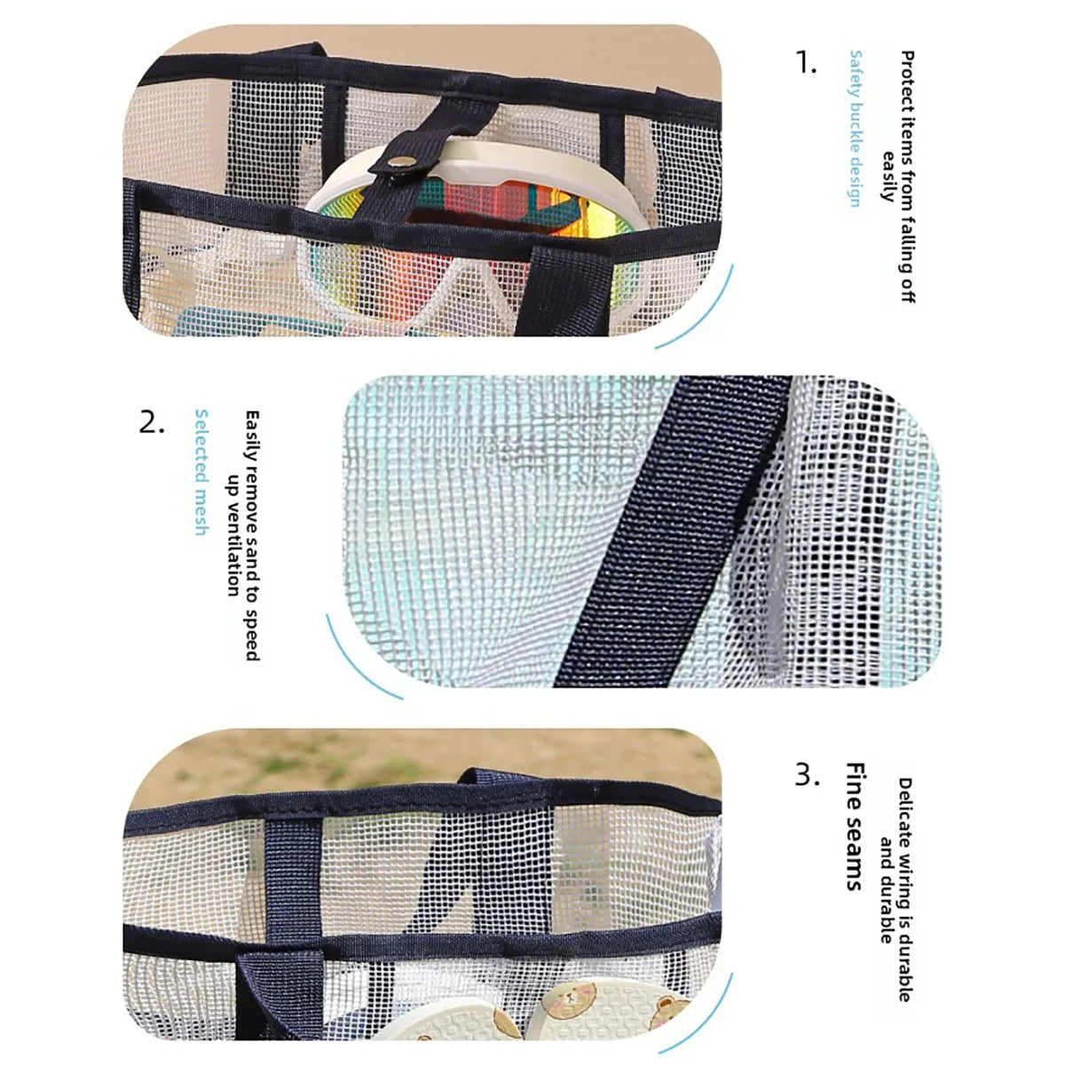 Beach Bag for Women Mesh Travel Tote Family with Multiple Pockets Lightweight Beach Buckle Closure Organizer Bag for Sunscreen