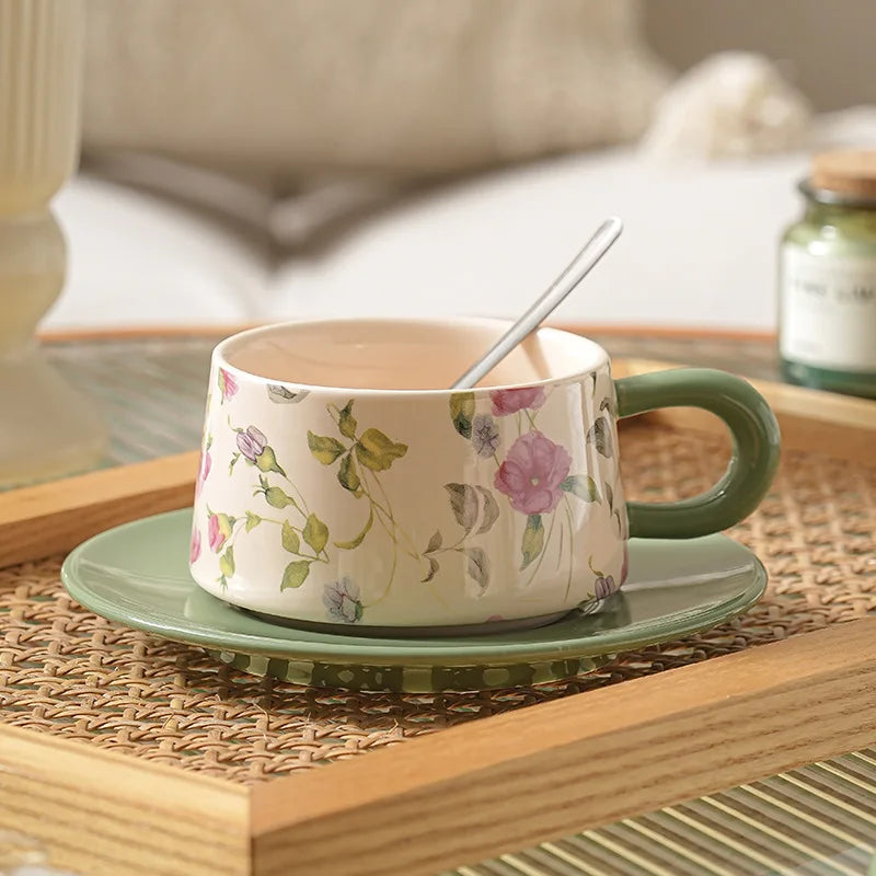 Coffee Cup Bohemian Style Coffee Cup  Saucer Set Flowers and Plants Afternoon Tea Cup and Dish Set
