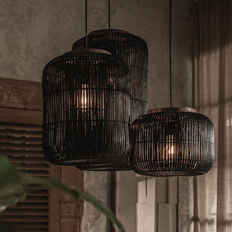 Japanese Rattan pendant light vintage laterns Wabi-sabi Lights Living Room dining lights hanging Homestay kitchen island light