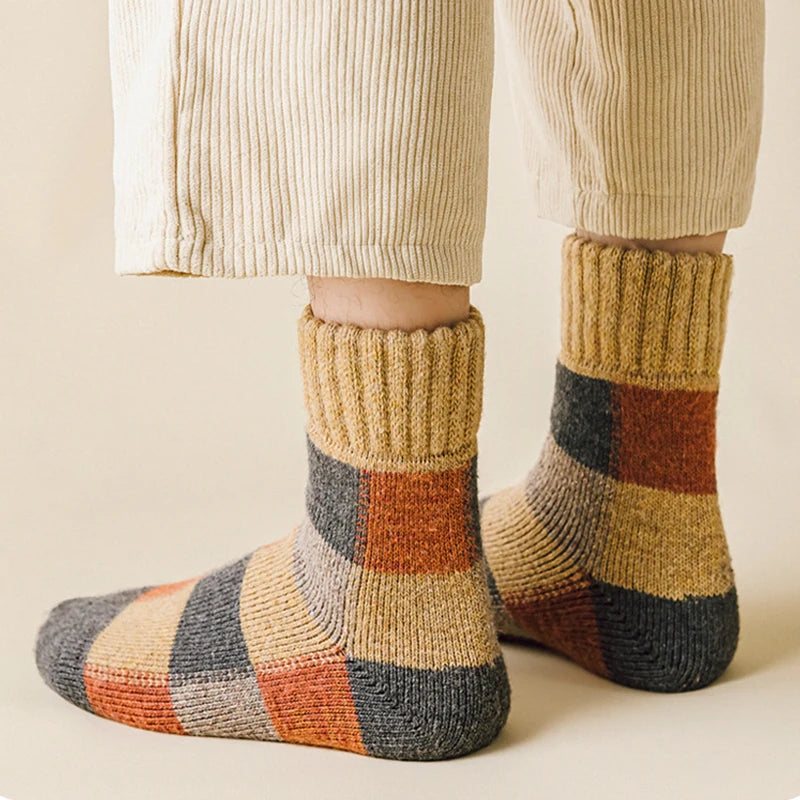 5pairs Winter Men's Warm Thermal Colorblock Thick Wool Socks Warm Colorblock Soft Comfortable Plush Snow Floor Sock High Quality