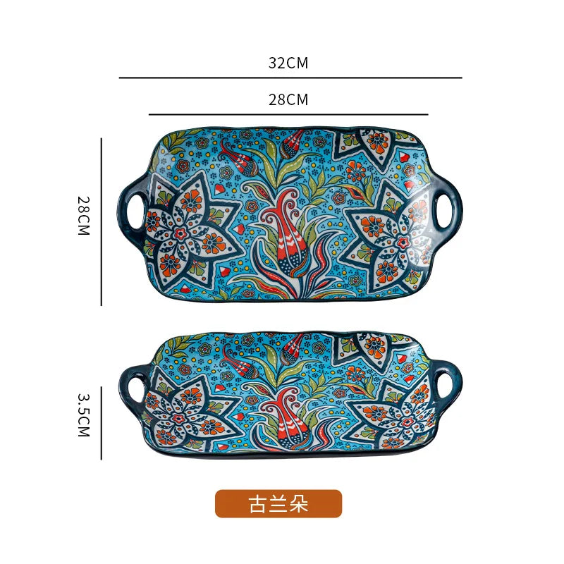 Bohemian Binaural Dinner Plates Ceramic Plate Large Rectangular Fish Plate Ceramic Sushi Dish for Home Kitchen Restaurant Gift