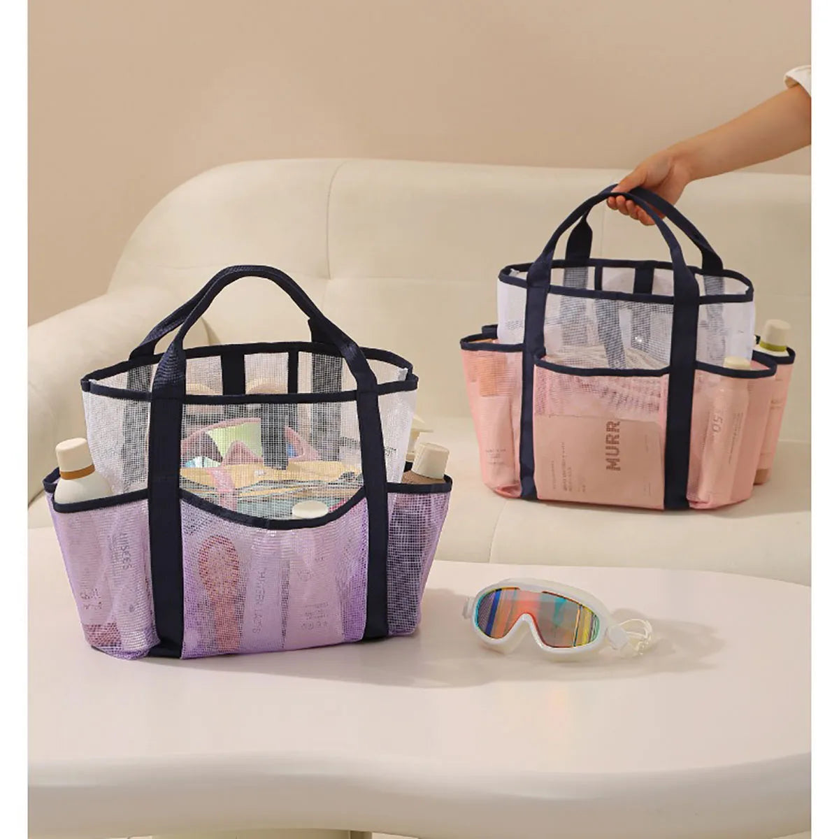 Beach Bag for Women Mesh Travel Tote Family with Multiple Pockets Lightweight Beach Buckle Closure Organizer Bag for Sunscreen