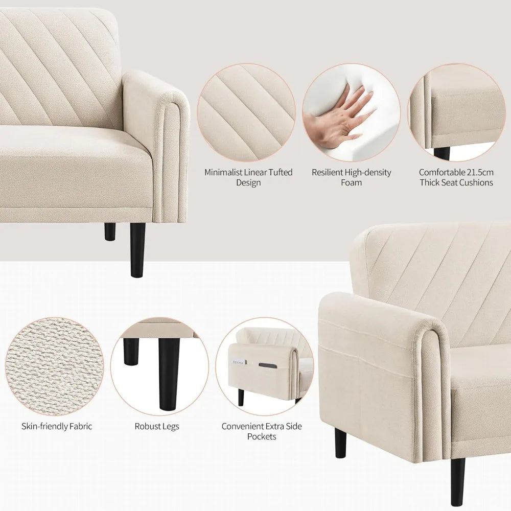 201 Cm Convertible Sofa Bed, Click-and-click Futon Sofa, Stylish Multi-functional Sofa Bed with Large Side Pockets