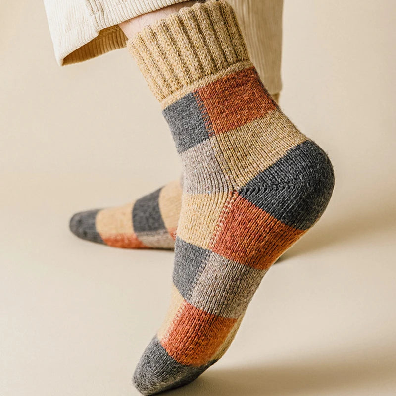 5pairs Winter Men's Warm Thermal Colorblock Thick Wool Socks Warm Colorblock Soft Comfortable Plush Snow Floor Sock High Quality