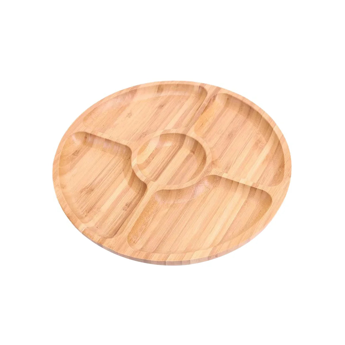 Leeseph Bamboo Round 5 Compartment Serving Tray, Ideal for Snacks, Fruits, Nuts, Wooden Plate with Dividers for Party Platters