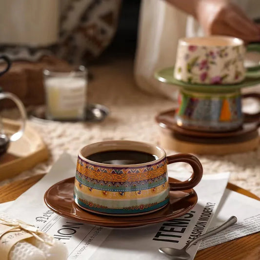 Coffee Cup Bohemian Style Coffee Cup  Saucer Set Flowers and Plants Afternoon Tea Cup and Dish Set