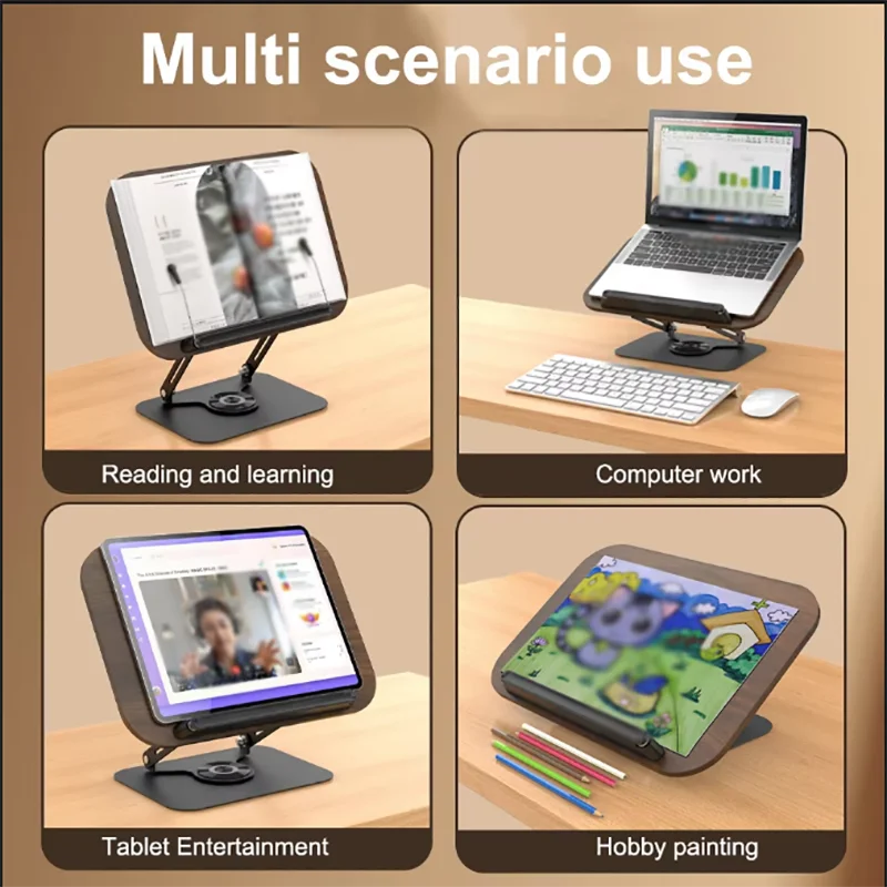 Reading Books Holder Desktop Book Laptop Stand with 360° Rotating Base Wooden Panel & Page Clips Foldable and Angle for Textbook