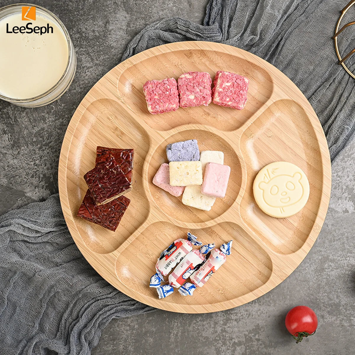 Leeseph Bamboo Round 5 Compartment Serving Tray, Ideal for Snacks, Fruits, Nuts, Wooden Plate with Dividers for Party Platters