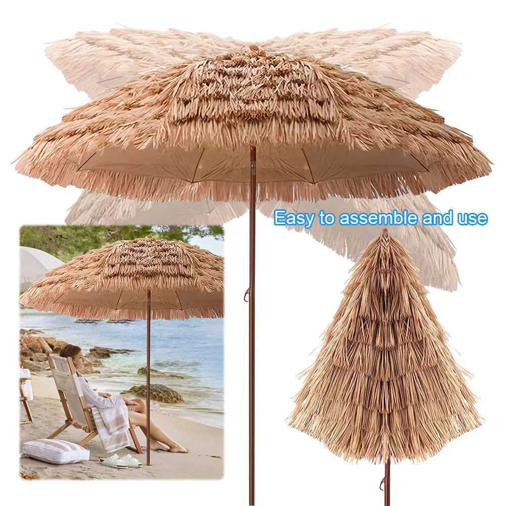 6.23ft/1.9m Height Beach Umbrella Height Adjustable Outdoor Patio Umbrella 8 Ribs Thatched Tiki Umbrella for Garden Patio